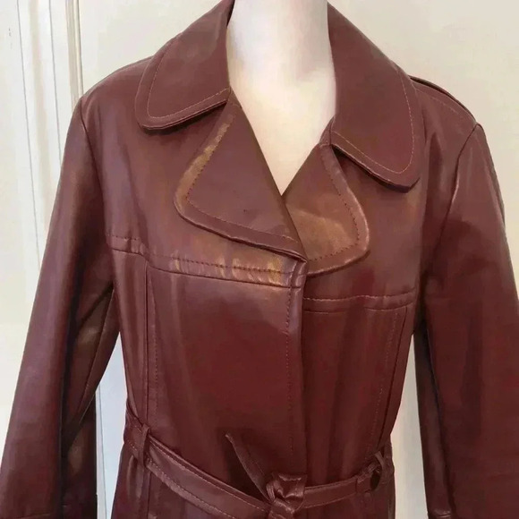 Vintage Gerda for Partners 3 reddish brown Vinyl coat with tie at waist. Size L - Picture 2 of 16